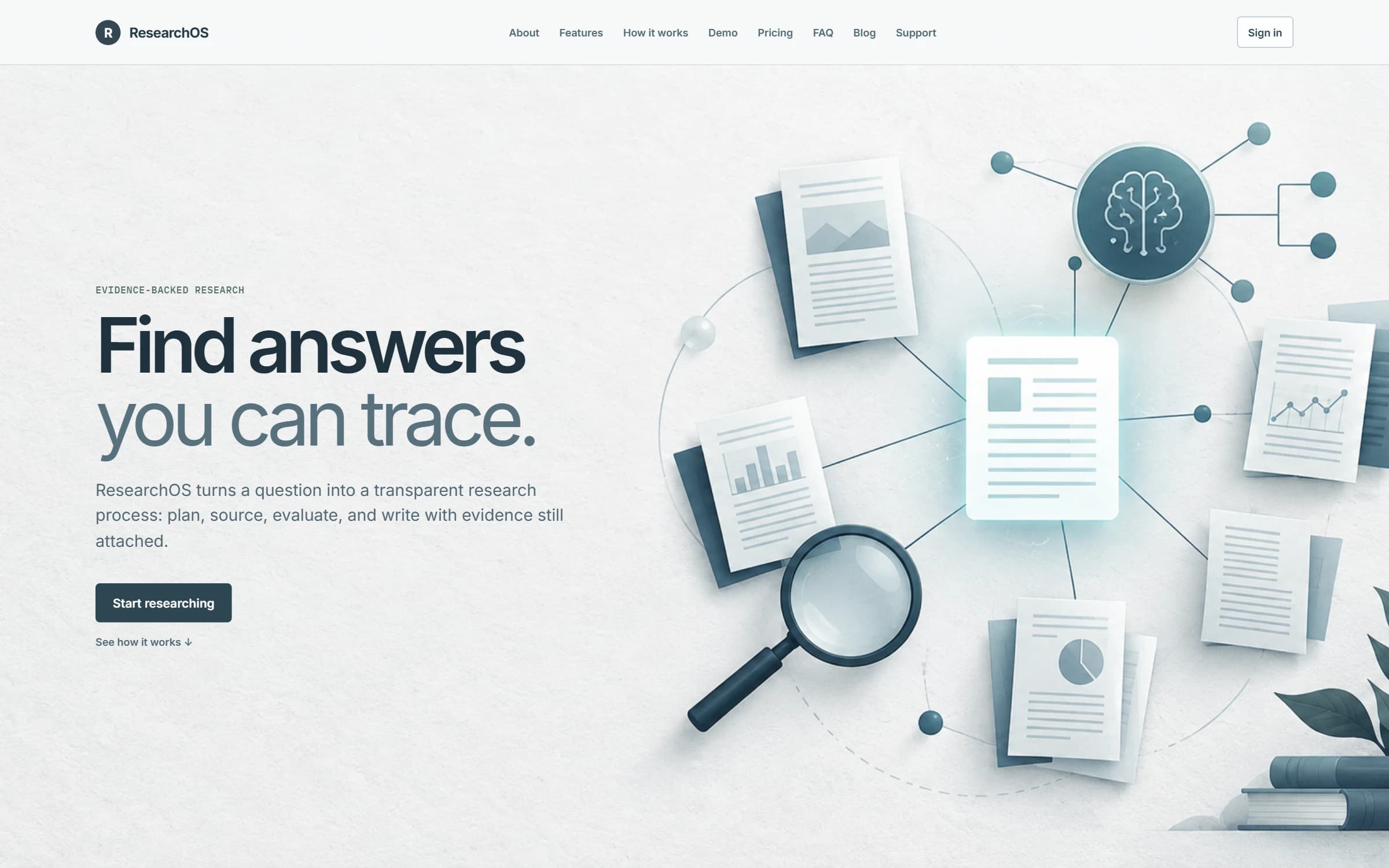 ResearchOS website showing its product introduction and visual identity