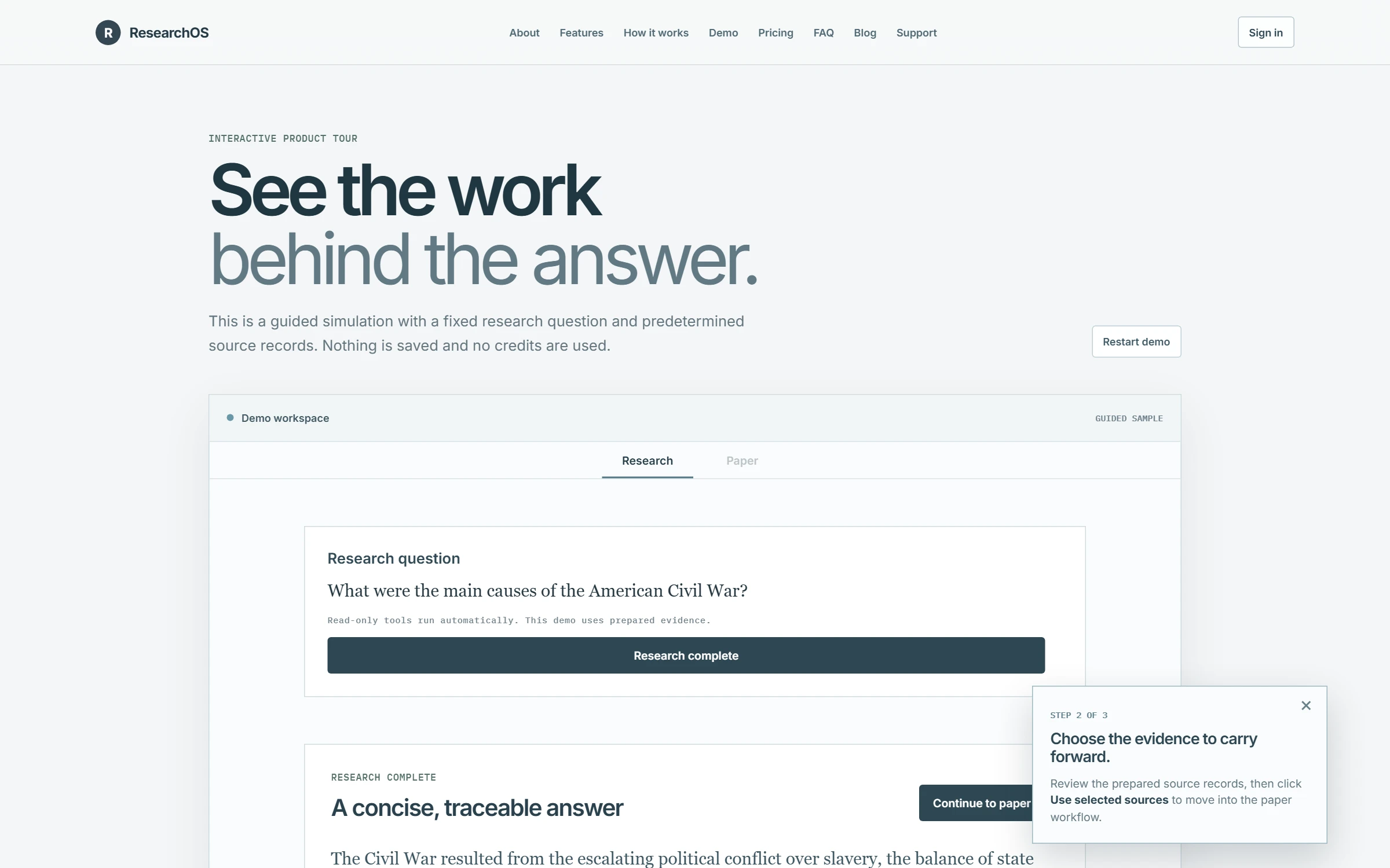 ResearchOS public guided demo with a sample question and prepared evidence